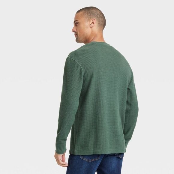 Green Textured Long Sleeve Shirt Men’s Medium Waffle Weave Top Fall Winter Warm - Picture 2 of 8